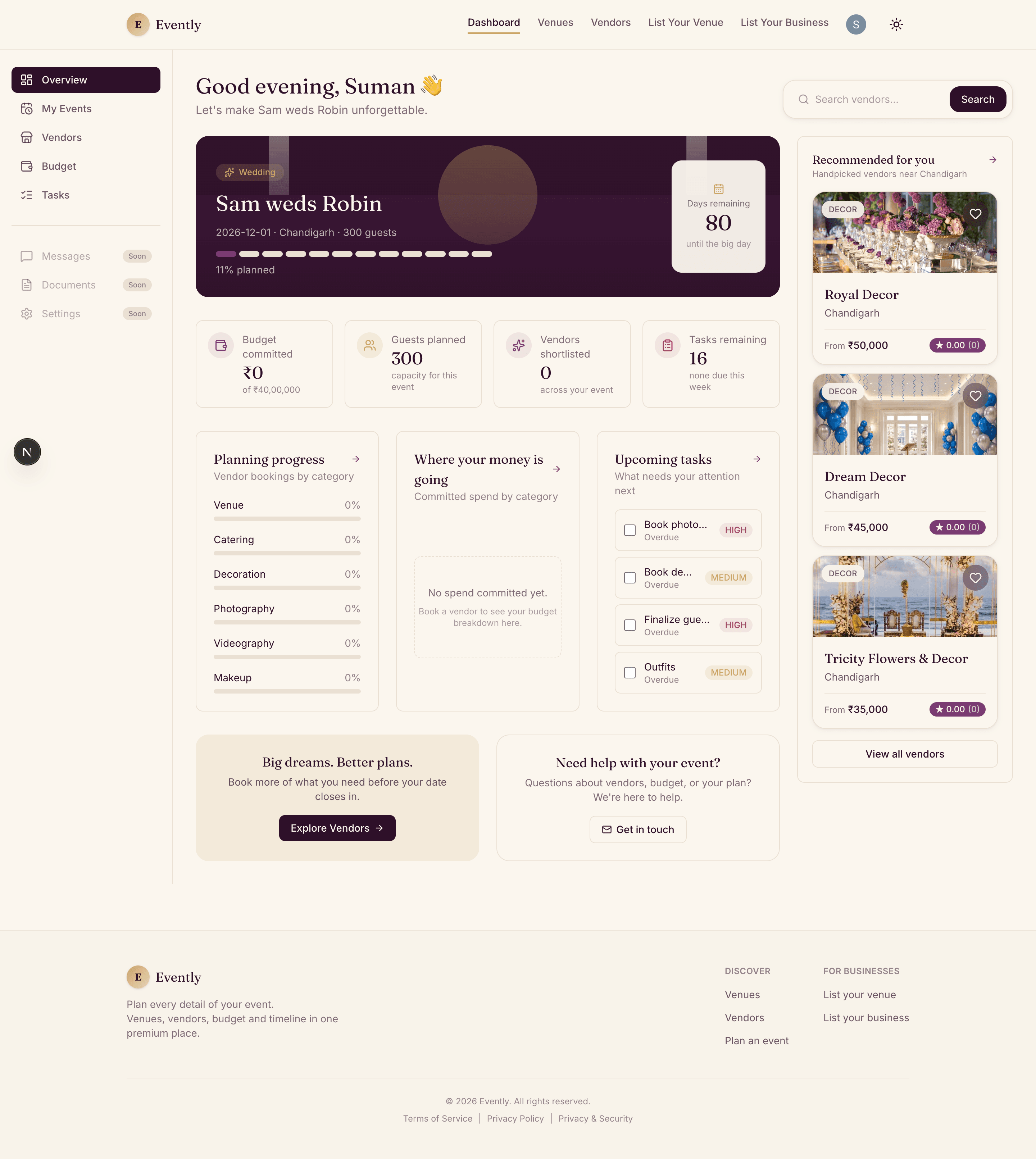 Evently dashboard showing an event overview with days remaining, budget committed, vendors shortlisted, and upcoming tasks